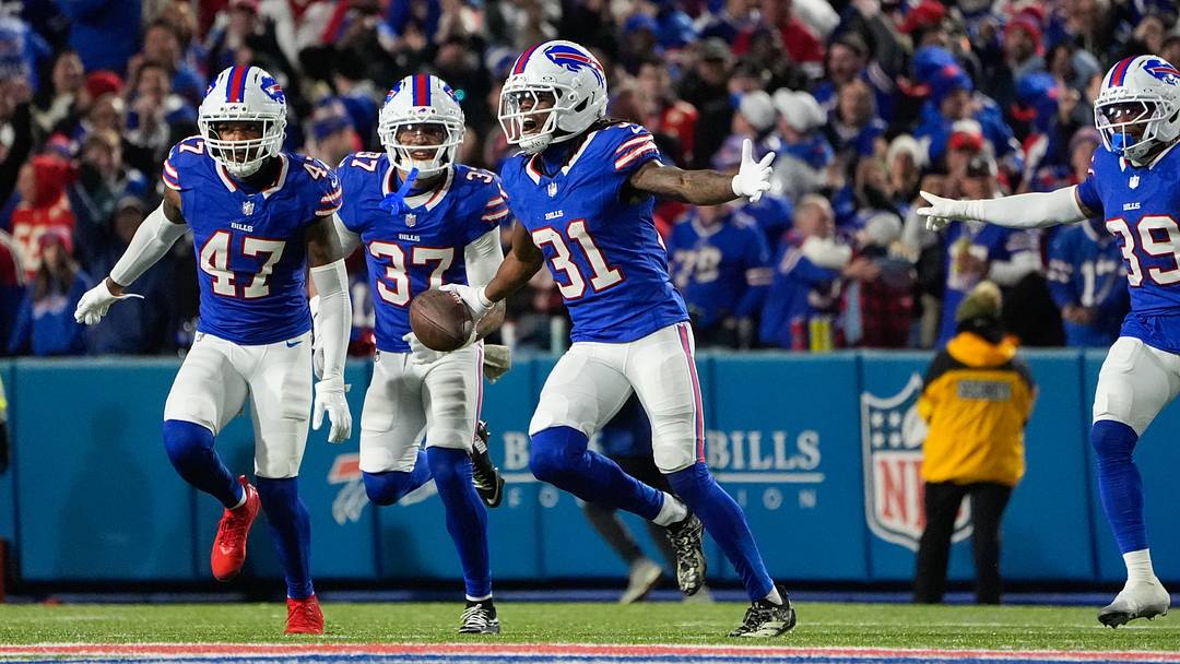 Nov. 2, 2025; Orchard Park, New York, USA; Buffalo Bills' cornerback Maxwell Hairston (31) celebrates with teammates after intercepting a ball off quarterback Patrick Mahomes during the second half of an NFL game against the Kansas City Chiefs