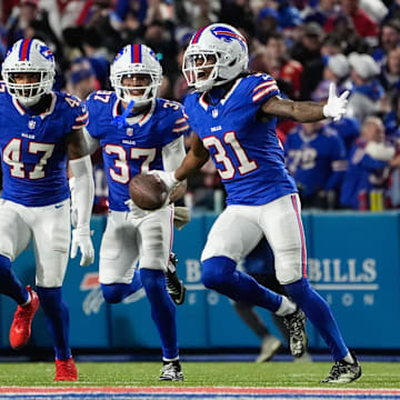 Nov 2, 2025; Orchard Park, New York, USA; Buffalo Bills cornerback Maxwell Hairston (31) intercepts the ball in the second half against the Kansas City Chiefs