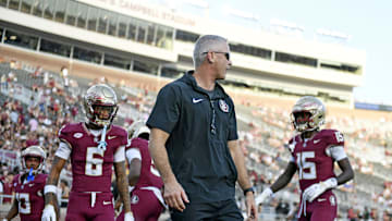 Sep 2, 2024; Tallahassee, Florida, USA; Florida State Seminoles head coach Mike Norvell before the game against the Boston College Eagles at Doak S. Campbell Stadium. Mandatory Credit: Melina Myers-Imagn Images
