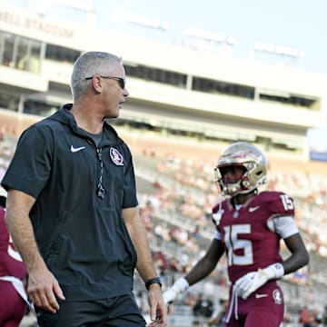 Sep 2, 2024; Tallahassee, Florida, USA; Florida State Seminoles head coach Mike Norvell before the game against the Boston College Eagles at Doak S. Campbell Stadium. Mandatory Credit: Melina Myers-Imagn Images