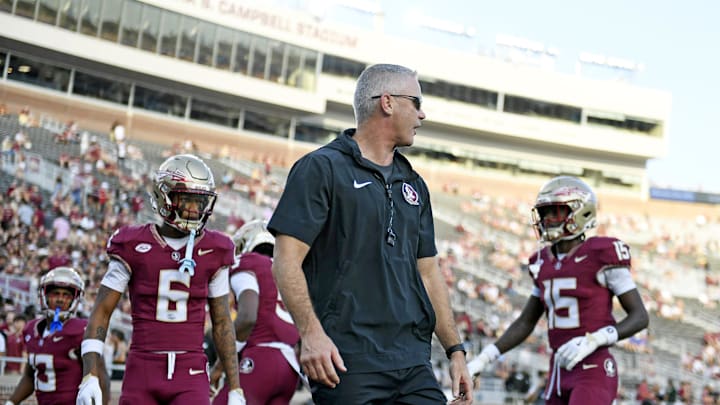 Sep 2, 2024; Tallahassee, Florida, USA; Florida State Seminoles head coach Mike Norvell before the game against the Boston College Eagles at Doak S. Campbell Stadium. Mandatory Credit: Melina Myers-Imagn Images