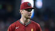 Sep 7, 2025; Phoenix, Arizona, USA; Arizona Diamondbacks pitcher Ryne Nelson against the Boston Red Sox at Chase Field. Mandatory Credit: Mark J. Rebilas-Imagn Images