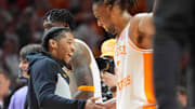 Tennessee's Zakai Zeigler (5) celebrates with Tennessee's Chaz Lanier (2) during an NCAA college basketball game between Tennessee and Florida in Knoxville, Tenn., Saturday, Feb. 1, 2025. Tennessee defeated Florida.