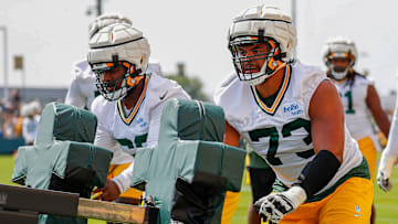 Green Bay Packers offensive linemen Jacob Monk (62) and Andre Dillard (73) run through a drill on Friday, July 26, 2024, at Ray Nitschke Field in Ashwaubenon, Wis.
Tork Mason/USA TODAY NETWORK-Wisconsin