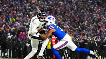 Baltimore Ravens wide receiver Rashod Bateman makes a catch against Buffalo Bills cornerback Rasul Douglas.