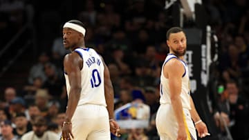 Apr 8, 2025; Phoenix, Arizona, USA; Golden State Warriors forward Jimmy Butler III (10) with guard Stephen Curry (30) against the Phoenix Suns at Footprint Center. Mandatory Credit: Mark J. Rebilas-Imagn Images