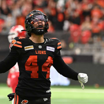 Jun 15, 2024; Vancouver, British Columbia, CAN; BC Lions linebacker Isaiah Messam (44) celebrates a play during the second half against the Calgary Stampeders at BC Place. Mandatory Credit: Simon Fearn-USA TODAY Sports