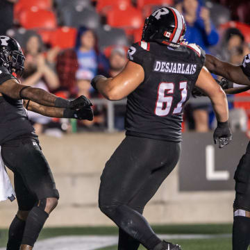 Jun 13, 2024; Ottawa, Ontario, CAN; Ottawa REDBLACKS wide receiver Justin Hardy (2) celebrates his touchdown in the second half against Winnipeg Blue Bombers at TD Place. Mandatory Credit: Marc DesRosiers-USA TODAY Sports