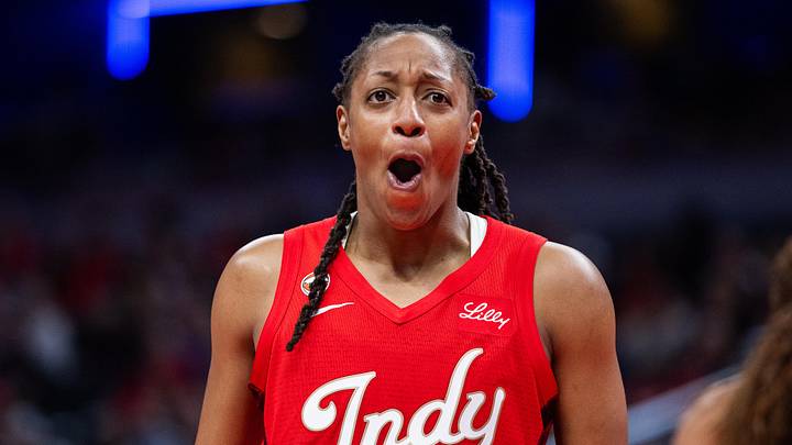 Jun 4, 2026; Indianapolis, Indiana, USA; Indiana Fever guard Kelsey Mitchell (0) reacts in the second half against the Atlanta Dream at Gainbridge Fieldhouse. Mandatory Credit: Trevor Ruszkowski-Imagn Images