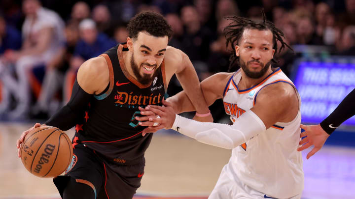 Jan 18, 2024; New York, New York, USA; Washington Wizards guard Tyus Jones (5) drives to the basket against New York Knicks guard Jalen Brunson (11) during the fourth quarter at Madison Square Garden. Mandatory Credit: Brad Penner-USA TODAY Sports