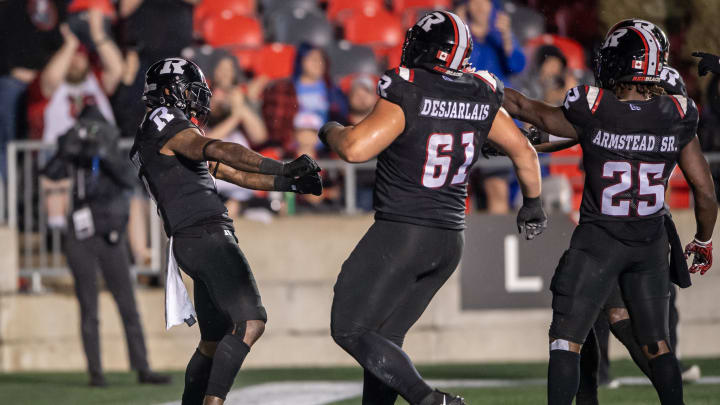 Jun 13, 2024; Ottawa, Ontario, CAN; Ottawa REDBLACKS wide receiver Justin Hardy (2) celebrates his touchdown in the second half against Winnipeg Blue Bombers at TD Place. Mandatory Credit: Marc DesRosiers-USA TODAY Sports