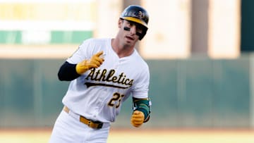 Jul 8, 2025; West Sacramento, California, USA; Athletics designated hitter Brent Rooker (25) runs the bases after hitting a two run home run during the first inning against Atlanta Braves starting pitcher Didier Fuentes (75) at Sutter Health Park. Mandatory Credit: Sergio Estrada-Imagn Images
