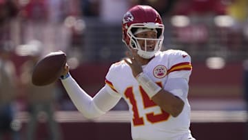 October 20, 2024; Santa Clara, California, USA; Kansas City Chiefs quarterback Patrick Mahomes (15) warms up before the game against the San Francisco 49ers at Levi's Stadium.
