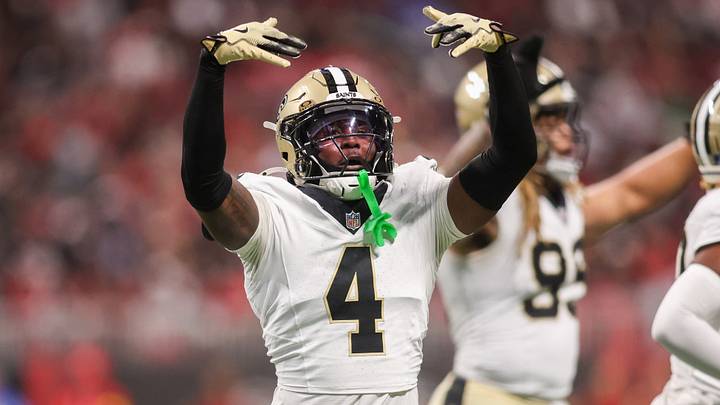 Jan 4, 2026; Atlanta, Georgia, USA; New Orleans Saints cornerback Kool-Aid McKinstry (4) reacts after a play against the Atlanta Falcons in the fourth quarter at Mercedes-Benz Stadium. Mandatory Credit: Brett Davis-Imagn Images
