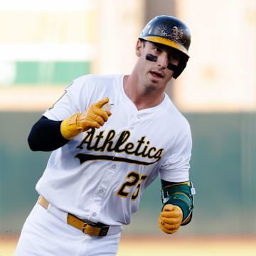 Athletics designated hitter Brent Rooker runs the bases after hitting a two-run home run during the first inning against Atlanta Braves starting pitcher Didier Fuentes at Sutter Health Park.