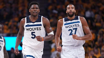 May 12, 2025; San Francisco, California, USA; Minnesota Timberwolves guard Anthony Edwards (5) jogs towards the team bench after a timeout was called against the Golden State Warriors in the third quarter during game four of the second round for the 2025 NBA Playoffs at Chase Center. Mandatory Credit: Cary Edmondson-Imagn Images