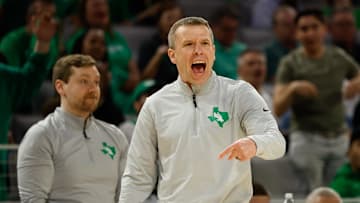 Mar 15, 2025; Fort Worth, TX, USA; North Texas Mean Green head coach Ross Hodge reacts against the UAB Blazers during the first half at Dickies Arena. Mandatory Credit: Chris Jones-Imagn Images