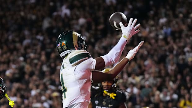 Colorado State Rams wide receiver Tory Horton pulls in a touchdown in overtime loss to the Colorado Buffaloes. 