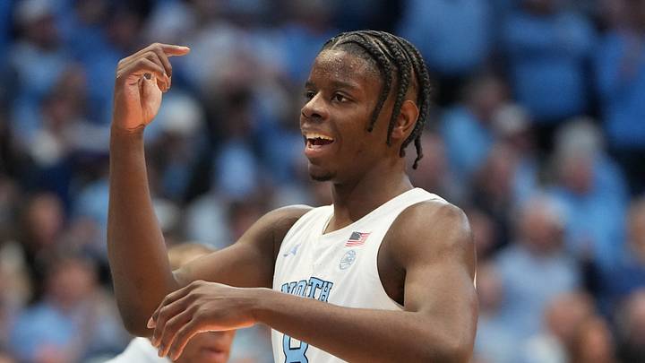 Feb 7, 2026; Chapel Hill, North Carolina, USA;  North Carolina Tar Heels forward Caleb Wilson (8) reacts in the first half at Dean E. Smith Center. Mandatory Credit: Bob Donnan-Imagn Images