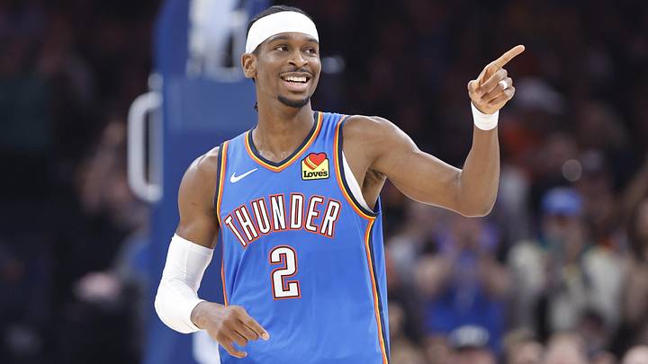 Nov 4, 2024; Oklahoma City, Oklahoma, USA; Oklahoma City Thunder guard Shai Gilgeous-Alexander (2) reacts after scoring against the Orlando Magic during the second quarter at Paycom Center. Mandatory Credit: Alonzo Adams-Imagn Images