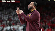 Mar 1, 2025; Lincoln, Nebraska, USA;  Minnesota Golden Gophers head coach Ben Johnson signals the team against the Nebraska Cornhuskers during the first half at Pinnacle Bank Arena. Mandatory Credit: Steven Branscombe-Imagn Images