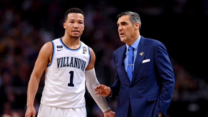 Apr 2, 2018; San Antonio, TX, USA; Villanova Wildcats guard Jalen Brunson (1) talks to Villanova Wildcats head coach Jay Wright during the first half against the Michigan Wolverines in the championship game of the 2018 men's Final Four at Alamodome. Mandatory Credit: Bob Donnan-USA TODAY Sports