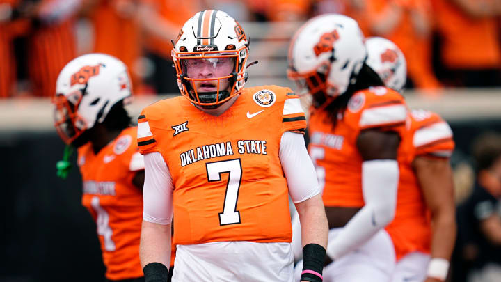 Oklahoma State's Alan Bowman (7) is pictured during warm-ups before the college football game between the Oklahoma State Cowboys and South Dakota State Jackrabbits at Boone Pickens Stadium in Stillwater, Okla., Saturday, Aug., 31, 2024.