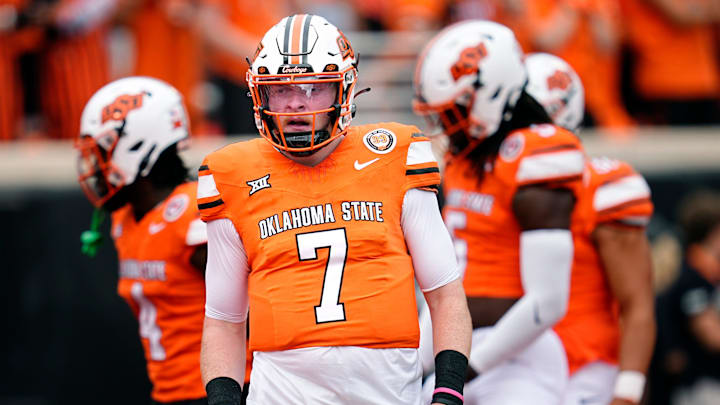 Oklahoma State's Alan Bowman (7) is pictured during warm-ups before the college football game between the Oklahoma State Cowboys and South Dakota State Jackrabbits at Boone Pickens Stadium in Stillwater, Okla., Saturday, Aug., 31, 2024.