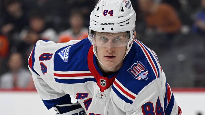 Mar 9, 2026; Philadelphia, Pennsylvania, USA;  New York Rangers center Adam Edstrom (84) against the Philadelphia Flyers at Xfinity Mobile Arena. Mandatory Credit: Eric Hartline-Imagn Images