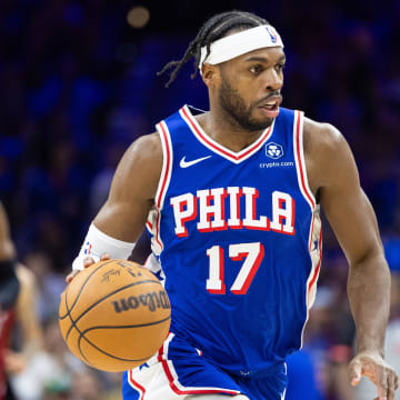 Apr 17, 2024; Philadelphia, Pennsylvania, USA; Philadelphia 76ers guard Buddy Hield (17) dribbles the ball against the Miami Heat during the third quarter of a play-in game of the 2024 NBA playoffs at Wells Fargo Center.