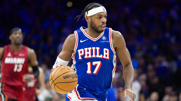 Apr 17, 2024; Philadelphia, Pennsylvania, USA; Philadelphia 76ers guard Buddy Hield (17) dribbles the ball against the Miami Heat during the third quarter of a play-in game of the 2024 NBA playoffs at Wells Fargo Center.