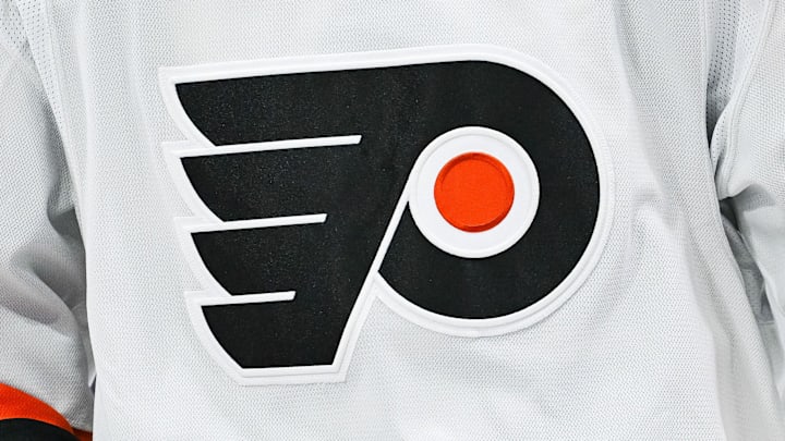 Mar 28, 2024; Montreal, Quebec, CAN; View of a Philadelphia Flyers logo on a jersey worn by a member of the team against the Montreal Canadiens during the second period at Bell Centre. Mar 28, 2024; Montreal, Quebec, CAN; View of a Philadelphia Flyers logo on a jersey worn by a member of the team against the Montreal Canadiens during the second period at Bell Centre.