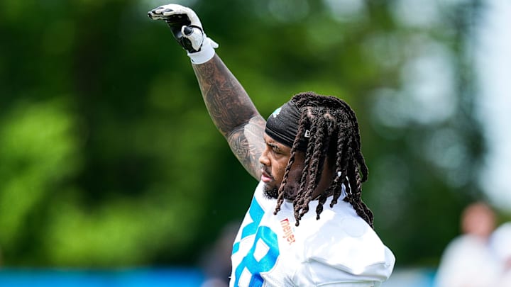 Detroit Lions defensive tackle Tyleik Williams (78) practices during OTA at Meijer Performance Center in Allen Park on Friday, May 30, 2025.
