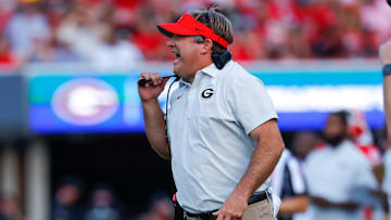 Head Coach Kirby Smart yelling instructions in the Marshall v Georgia game.