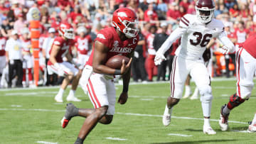 Oct 21, 2023; Fayetteville, Arkansas, USA;  Arkansas Razorbacks quarterback KJ Jefferson (1) runs the ball against the Mississippi State Bulldogs in the second quarter at Donald W. Reynolds Razorback Stadium. Mandatory Credit: Nelson Chenault-USA TODAY Sports