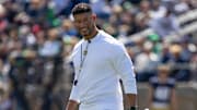 Apr 12, 2025; Notre Dame, IN, USA; Notre Dame Fighting Irish head coach Marcus Freeman smiles during the Blue-Gold game at Notre Dame Stadium.