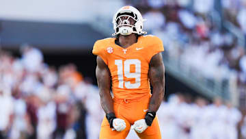 Tennessee defensive lineman Joshua Josephs (19) celebrates during a college football game between Tennessee and Mississippi State at Davis Wade Stadium in Starkville, Miss., on Sept. 27, 2025.