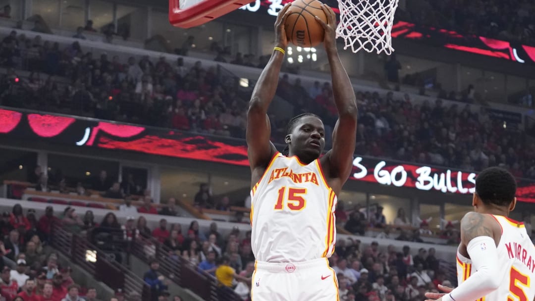 Apr 17, 2024; Chicago, Illinois, USA; Atlanta Hawks center Clint Capela (15) grabs a rebound against the Chicago Bulls during the first quarter during a play-in game of the 2024 NBA playoffs at United Center. Mandatory Credit: David Banks-USA TODAY Sports