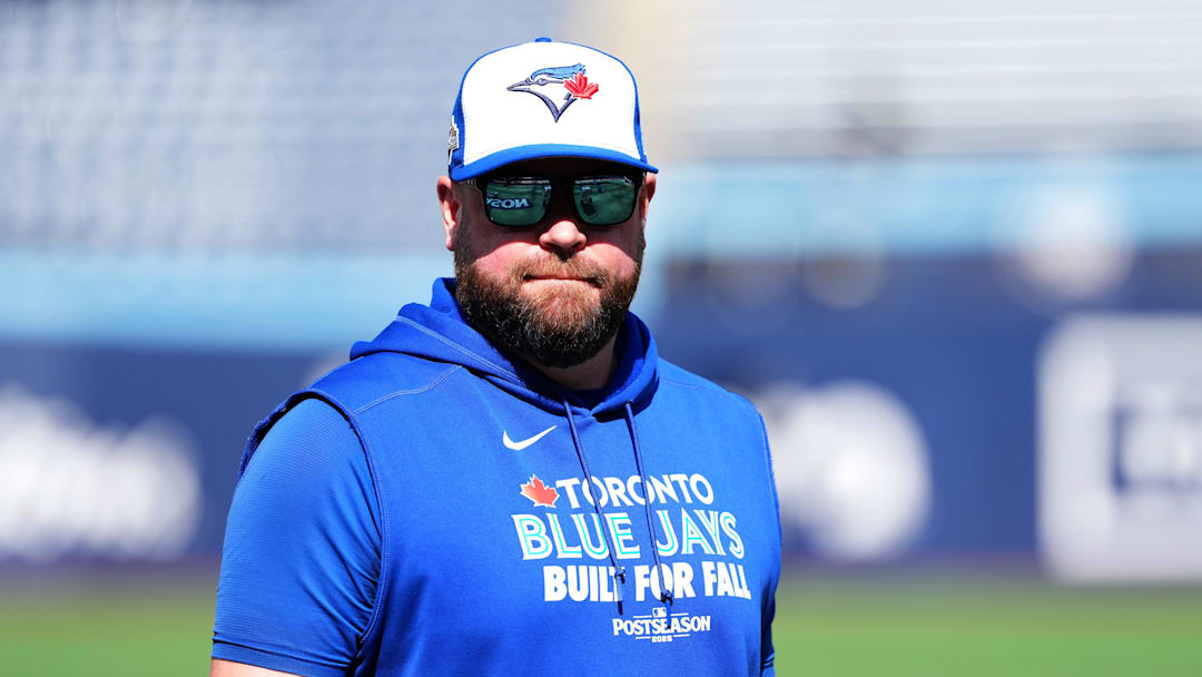 Oct 4, 2025; Toronto, Ontario, CAN; Toronto Blue Jays manager John Schneider (14) before game one against the New York Yankees in the ALDS round for the 2025 MLB playoffs at Rogers Centre. Mandatory Credit: Nick Turchiaro-Imagn Images