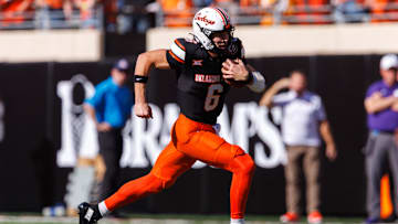 Nov 15, 2025; Stillwater, Oklahoma, USA; Oklahoma State Cowboys quarterback Zane Flores (6) runs the ball during the first half against the Kansas State Wildcats at Boone Pickens Stadium. Mandatory Credit: William Purnell-Imagn Images