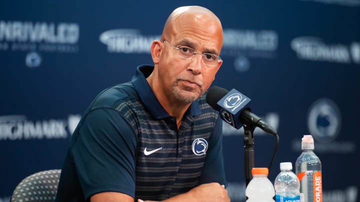 Penn State football James Franklin takes a question during a press conference at football media day in Beaver Stadium.