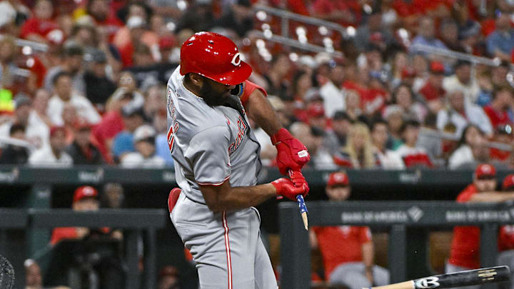 Sep 10, 2024; St. Louis, Missouri, USA; Cincinnati Reds designated hitter Amed Rosario (38) breaks his bat as he grounds out against the St. Louis Cardinals during the fourth inning at Busch Stadium. Mandatory Credit: Jeff Curry-Imagn Images