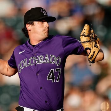 Jun 17, 2024; Denver, Colorado, USA; Colorado Rockies starting pitcher Cal Quantrill (47) pitches in the first inning against the Los Angeles Dodgers at Coors Field. Mandatory Credit: Isaiah J. Downing-USA TODAY Sports