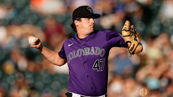 Jun 17, 2024; Denver, Colorado, USA; Colorado Rockies starting pitcher Cal Quantrill (47) pitches in the first inning against the Los Angeles Dodgers at Coors Field.