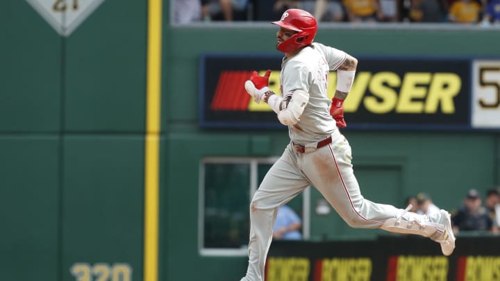 Jul 21, 2024; Pittsburgh, Pennsylvania, USA;  Philadelphia Phillies right fielder Nick Castellanos (8) circles the bases on a solo home run against the Pittsburgh Pirates during the ninth inning at PNC Park. The Phillies won 6-0. 