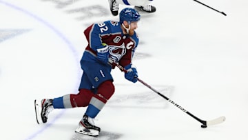 Jun 24, 2022; Denver, Colorado, USA; Colorado Avalanche left wing Gabriel Landeskog (92) against the Tampa Bay Lightning in game five of the 2022 Stanley Cup Final at Ball Arena. Mandatory Credit: Mark J. Rebilas-USA TODAY Sports