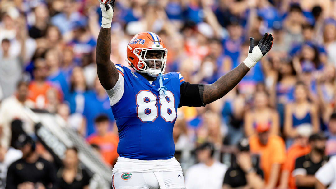 Florida Gators defensive lineman Caleb Banks (88) hypes the crowd during the first half against the Vanderbilt Commodores at Steve Spurrier Field at Ben Hill Griffin Stadium in Gainesville, FL on Saturday, October 7, 2023. [Matt Pendleton/Gainesville Sun]