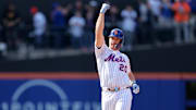 Apr 23, 2025; New York City, New York, USA; New York Mets first baseman Pete Alonso (20) celebrates his game tying RBI double against the Philadelphia Phillies during the tenth inning at Citi Field. Mandatory Credit: Brad Penner-Imagn Images