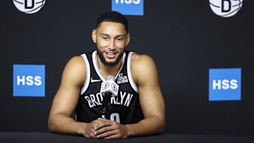 Sep 30, 2024; Brooklyn, NY, USA;  Brooklyn Nets guard Ben Simmons (10) at Brooklyn Nets Media Day at HSS Training Center. Mandatory Credit: Wendell Cruz-Imagn Images