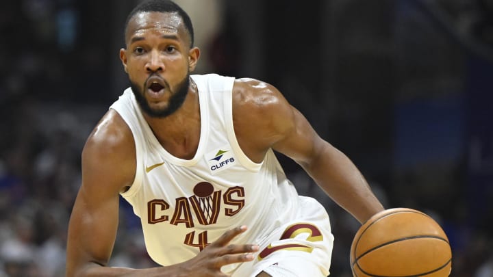 Apr 22, 2024; Cleveland, Ohio, USA; Cleveland Cavaliers forward Evan Mobley (4) dribbles the ball in the second quarter against the Orlando Magic during game two of the first round of the 2024 NBA playoffs at Rocket Mortgage FieldHouse. Mandatory Credit: David Richard-USA TODAY Sports